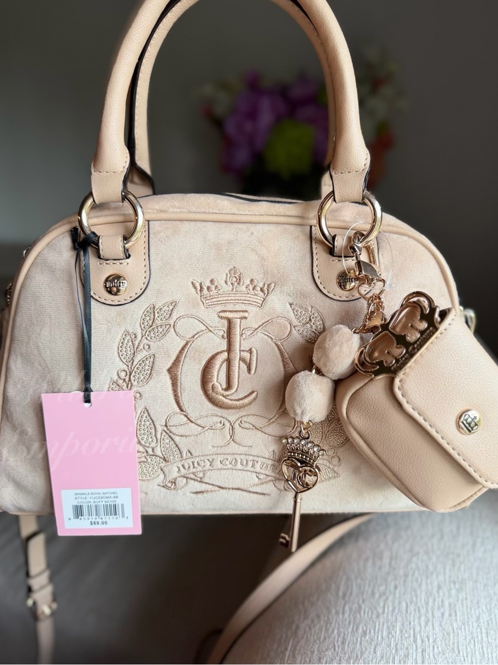 Juicy Couture Sparkle Royal Satchel buff beige crown key charm y2k fall neutral